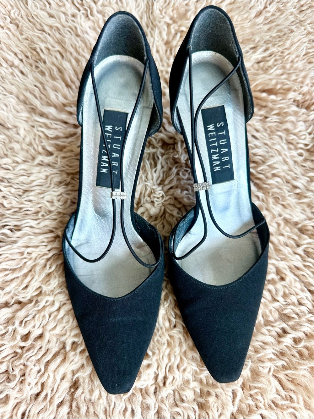 Stuart Weitzman Black Peau de Soie Slip On Rhinestone Slide Strappy Heel Size 7